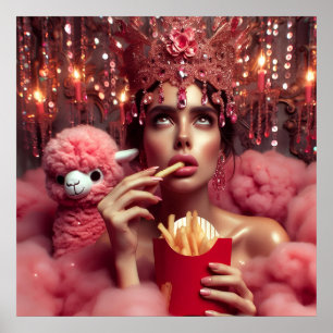 Póster La reina en la corona con patatas fritas y alpaca