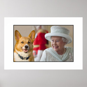 Póster La reina Isabel II se ríe con su Corgi