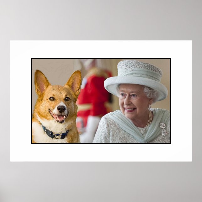 Póster La reina Isabel II se ríe con su Corgi (Frente)