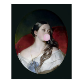 Póster La reina Victoria soplando chicle rosa en burbujas