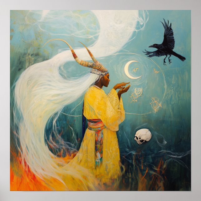 Póster La sacerdotisa con cuernos Moon Witchy AI Art Matt (Frente)