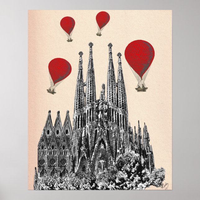 Póster La Sagrada Familia y los globos rojos al aire libr (Frente)