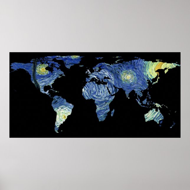 Póster La silueta del mapa mundial - La noche estrellada (Frente)