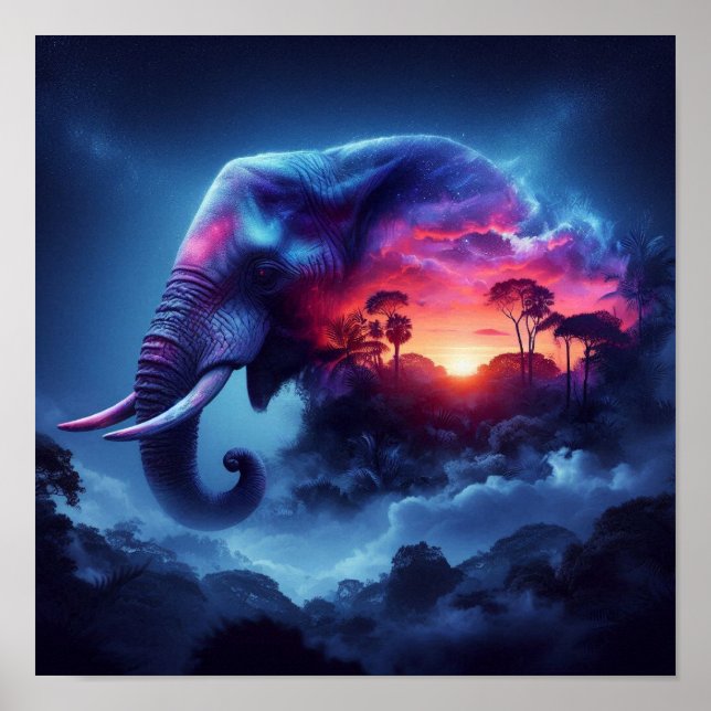 Póster La silueta elefante se fusionó con la vibrante pue (Frente)