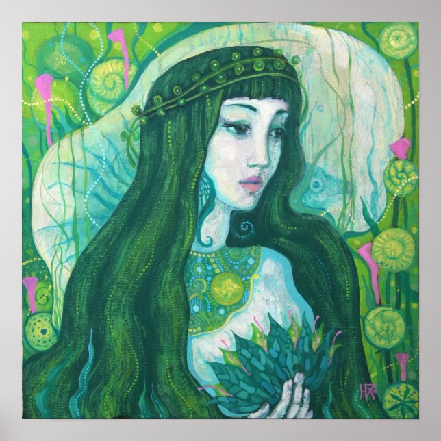 Póster La sirena del cabello verde bajo el agua Fantasía  (Frente)