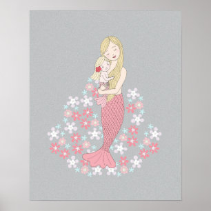 Póster La sirena mamá y la niña bisonda Sirena Floral