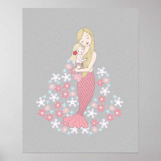 Póster La sirena mamá y la niña bisonda Sirena Floral (Frente)