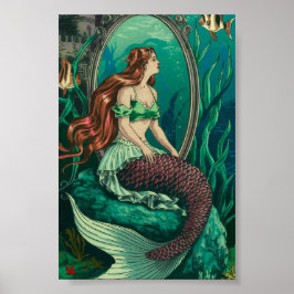 Póster La sirena ventilado bajo el mar mira en espejo