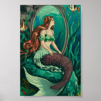 Póster La sirena ventilado bajo el mar mira en espejo