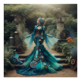 Póster La sirena Verde azulada de Steampunk Vintage
