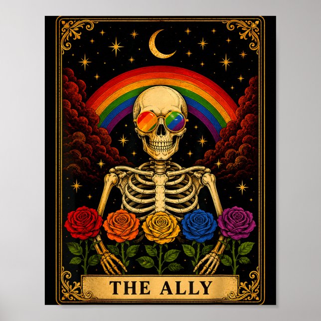 Póster La tarjeta de tarot aliada esqueleto arcoíris orgu (Frente)