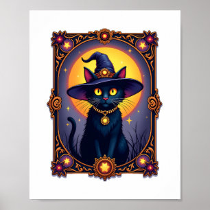 Póster La tarjeta Tarot de gato de bruja Halloween Vintag