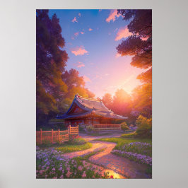 Póster La tranquila casa de madera al atardecer