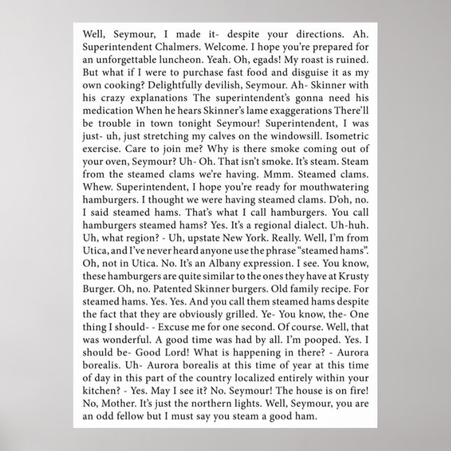 Póster la transcripción completa de Steamed Hams (Frente)