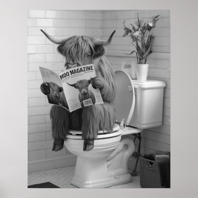 Póster La vaca Highland sentada en el baño de lectura de  (Frente)