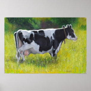 Póster La vaca lechera de Holstein en pasto, engrasa la