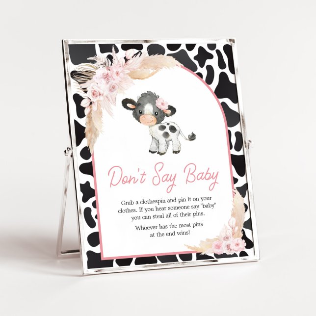 Póster La vaca rosada de Boho Highland no dice bebé (Girl Floral Highland Cow Baby Shower Don't Say Baby Sign)