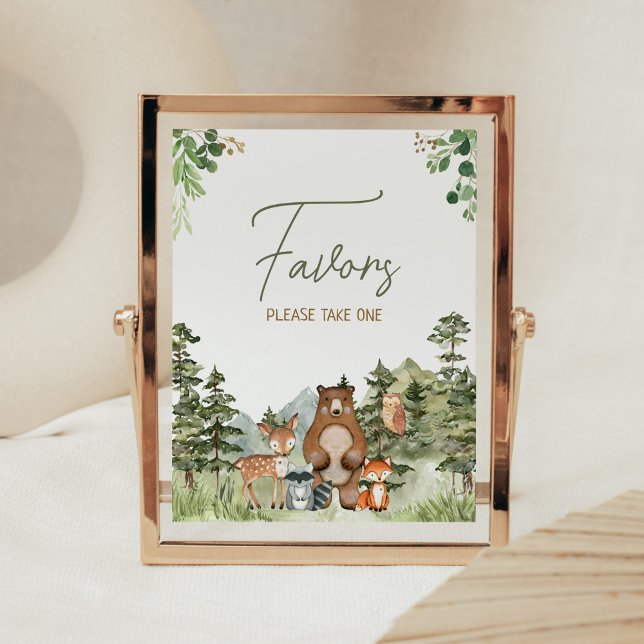 Póster La vegetación de los animales de Woodland Favorece (Greenery Forest Animals Baby Shower Favors Sign)