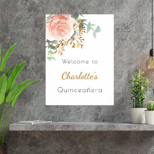 Póster La vegetación floral de rosa dorado Quinceanera bi