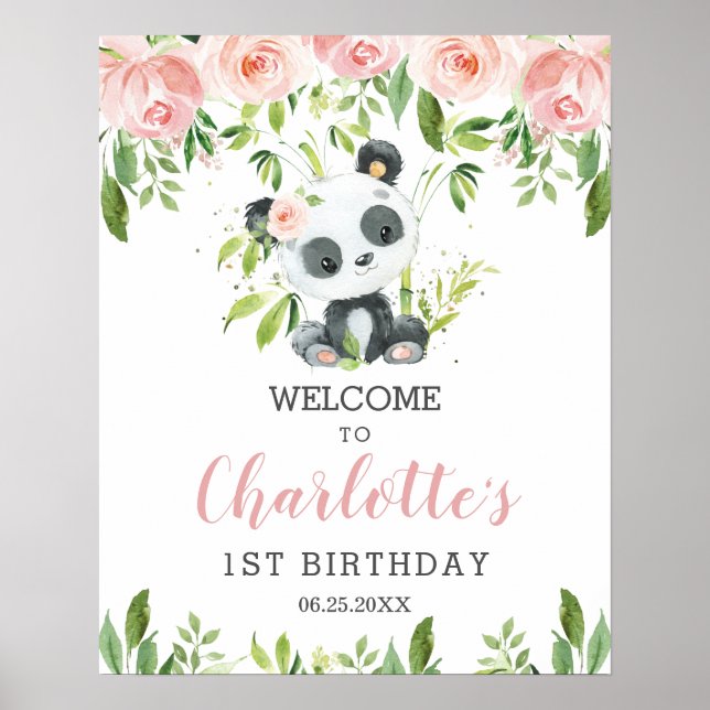 Póster La vegetación floral rosa de Cute Panda Bienvenida (Frente)