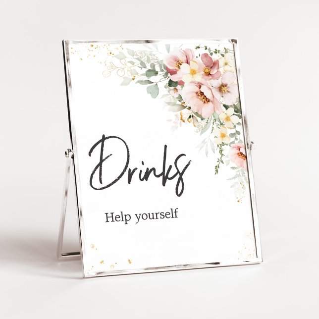 Póster La vegetación floral rosa y turbia de las bebidas  (Dusty Pink Floral Baby Shower Drinks Sign)