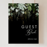 Póster La vegetación y la hoja de oro | Rótulo del libro<br><div class="desc">Diseñamos esta vegetación y hoja de oro | cartel de libro de invitado negro para completar la recepción de boho, sencilla y elegante. Cuenta con una hoja de eucalipto blanca y verde moderna, un follaje de helecho, una flor suculenta y hojas de Relieve metalizado de oro mínimas. Estos elementos le...</div>