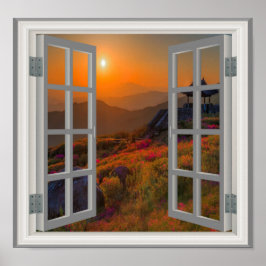 Póster La ventana falsa del templo budista del atardecer 