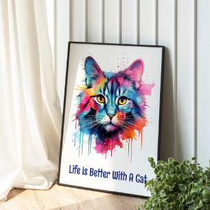Póster La vida es mejor con un gato. Cuto gato colorido