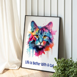 Póster La vida es mejor con un gato. Cuto gato colorido
