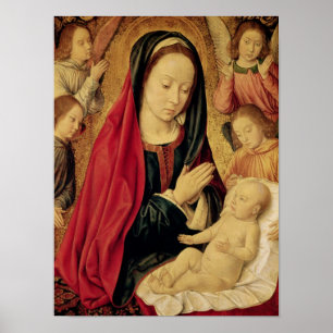 Póster La Virgen y el niño adorados por ángeles