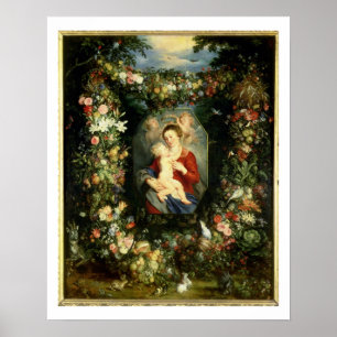Póster La Virgen y el niño en una guirnalda de fruta y af