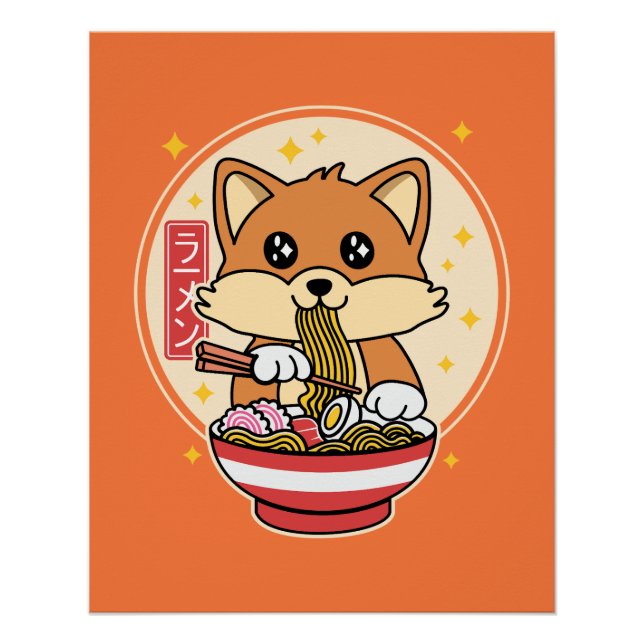Póster La zorra linda comiendo Ramen Kawaii regalo de com (Anverso)