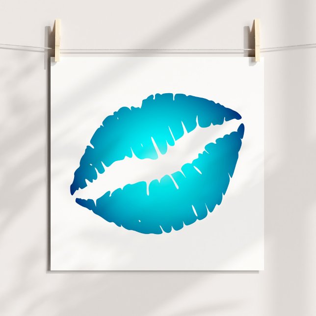 Póster Labial azul acuático beso en blanco (Aqua Blue Lipstick Kiss on White Poster)