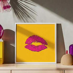 Póster Labios besándose amarillos y rosa caliente