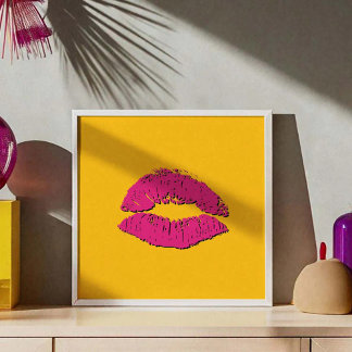 Póster Labios besándose amarillos y rosa caliente