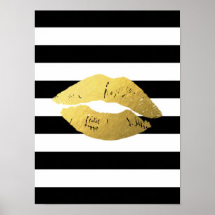 Póster Labios de oro con franjas blancas negras