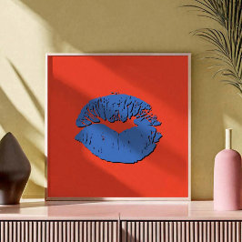 Póster Labios que se besan naranja y azul