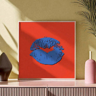Póster Labios que se besan naranja y azul