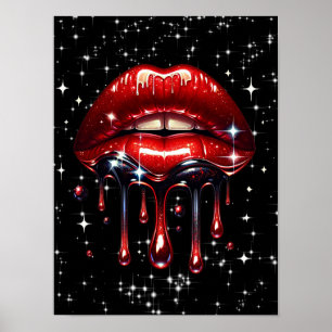 Póster Labios Rojos Goteando Brillo Glamour Destello