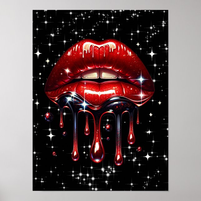 Póster Labios Rojos Goteando Brillo Glamour Destello (Frente)