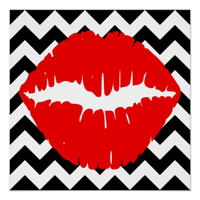 Póster Labios rojos sobre zigzag blanco y negro (Anverso)