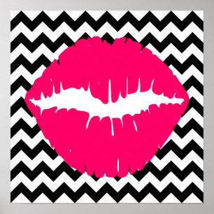 Póster Labios Rosas Brillantes sobre Zigzag en Blanco y N