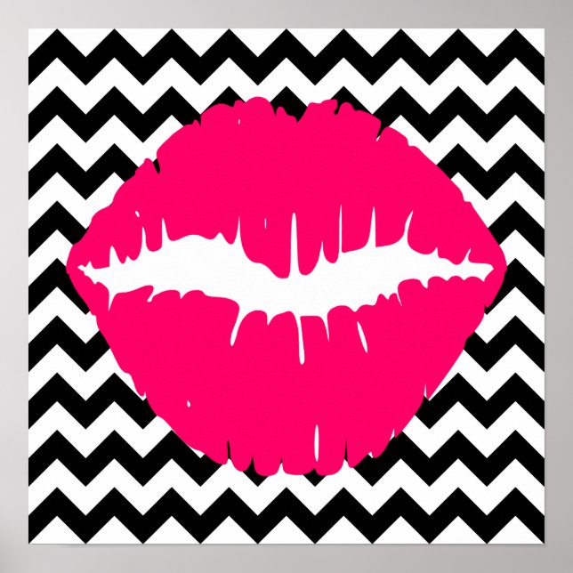 Póster Labios Rosas Brillantes sobre Zigzag en Blanco y N (Frente)