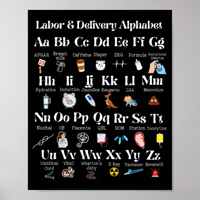 Póster Labor And Delivery Alphabet Nurse New Nurse Gradua (Frente)