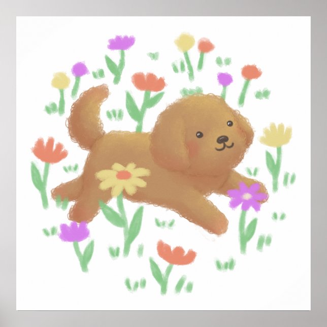 Póster Labradoodle con Ilustracion de flores (Frente)