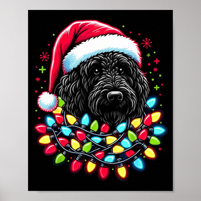 Póster Labradoodle negro árbol de Navidad luces de Navida (Frente)