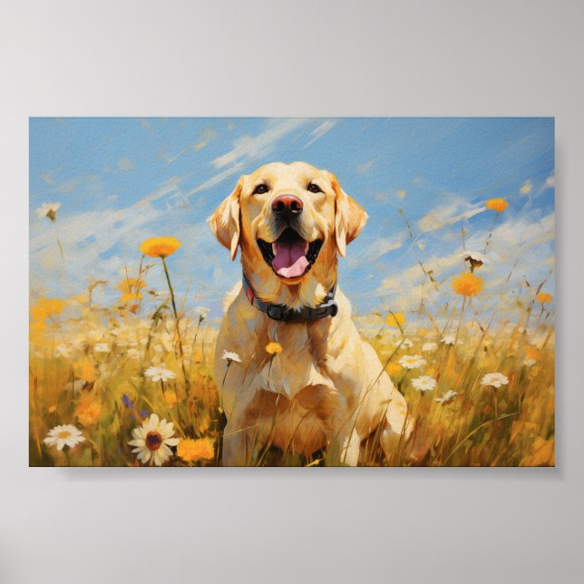 Póster Labrador amarillo en flores (Frente)