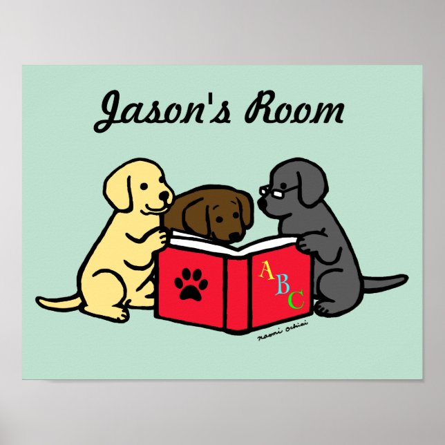 Póster Labrador cachorra leyendo Poster de guardería (Frente)