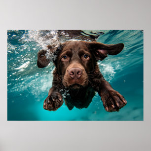 Póster Labrador Chocolate Juguetón Nadando Bajo el Agua
