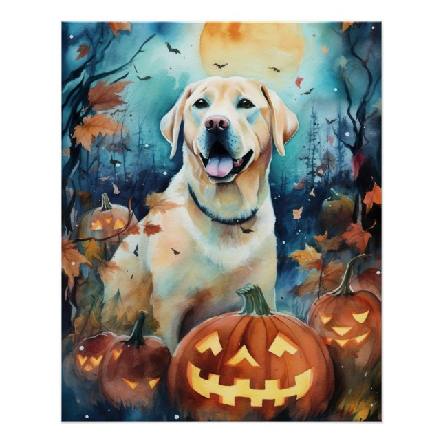 Póster Labrador de Halloween con calabazas temerosas (Anverso)